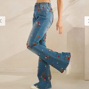 Blue Embroidered Strawberry Flare Jeans